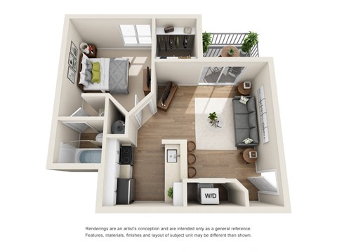 Floor plan for 1 bed, 1 bath, 542 sqft